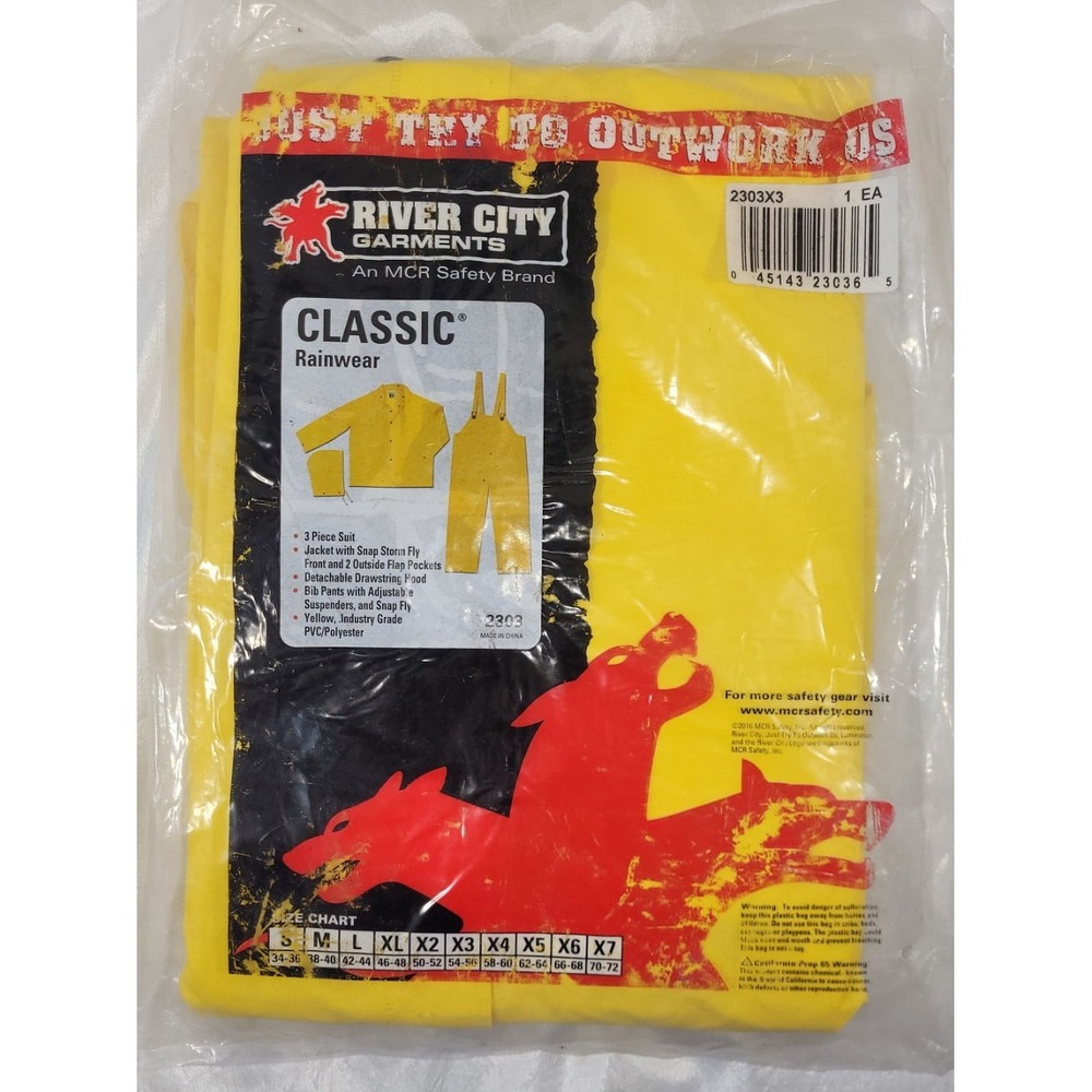 River City MCR Safety 3pc Rainwear Rain Jacket, Hood, Bib Pants - Yellow - Sz X3